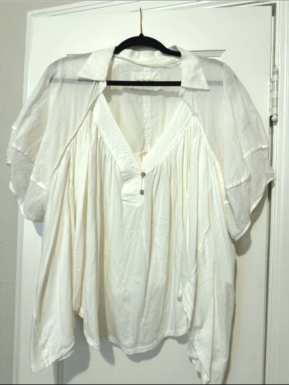 We The Free Cream V-Neck Peasant Blouse with Button Placket